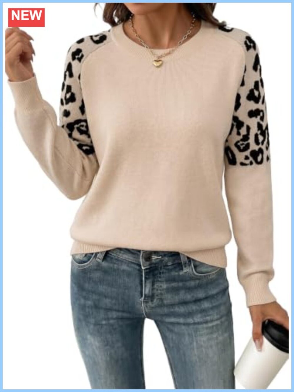Womens Leopard Raglan Sleeve Knit Sweater Pullover Fall Winter Outfit